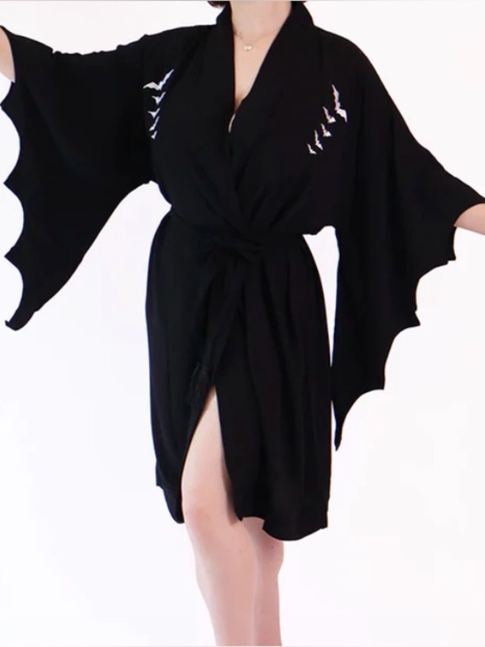Bonsai Kitten Black Batwing Robe with Embroidered Detail
